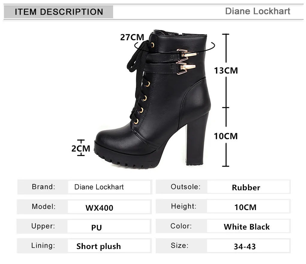 Brand Designers Autumn Winter New Women Shoes Black Heels Boots Lacing Platform Ankle Boots Chunky Heels Lace-up Botas White