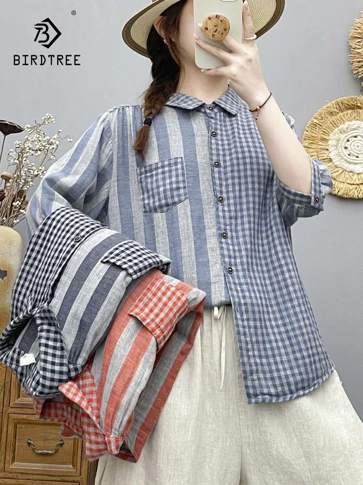 

Новая летняя женская блузка из хлопковой пряжи с коротким рукавом, 2026 года, с отложным воротником, в клетку и полоску, в стиле Mori Girl, модный дизайн, свободный крой T64656CC