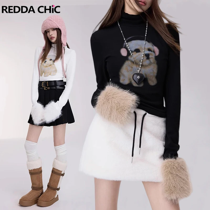 REDDACHiC Musical Puppy Women Cashmere T-shirt Detachable Fuzzy Cuffs Fleece Slim Fit Long Sleeve Turtleneck Top Korean Clothes