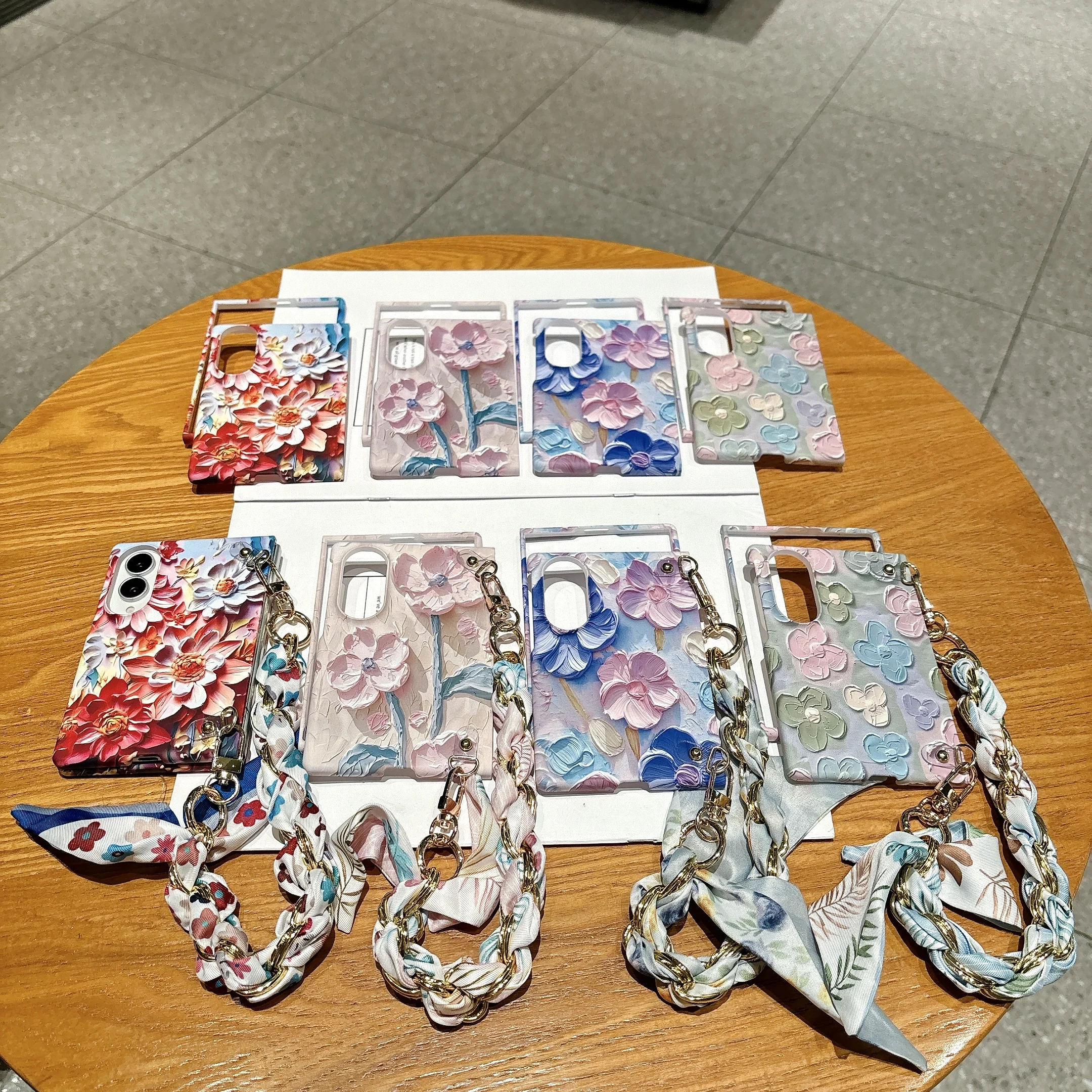 Relief Oil Painting Flower Scarf Hand Rope Phone Case for Samsung Z Fold 8 Wide Shockproof Comfortable Grip Portable Slim Cover view 6