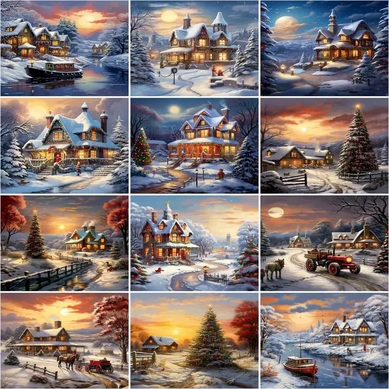 

CHENISTORY Coloring By Number Winter House Landscape HandPainted Kits Drawing Canvas Pictures Oil Painting Snow Home Decor