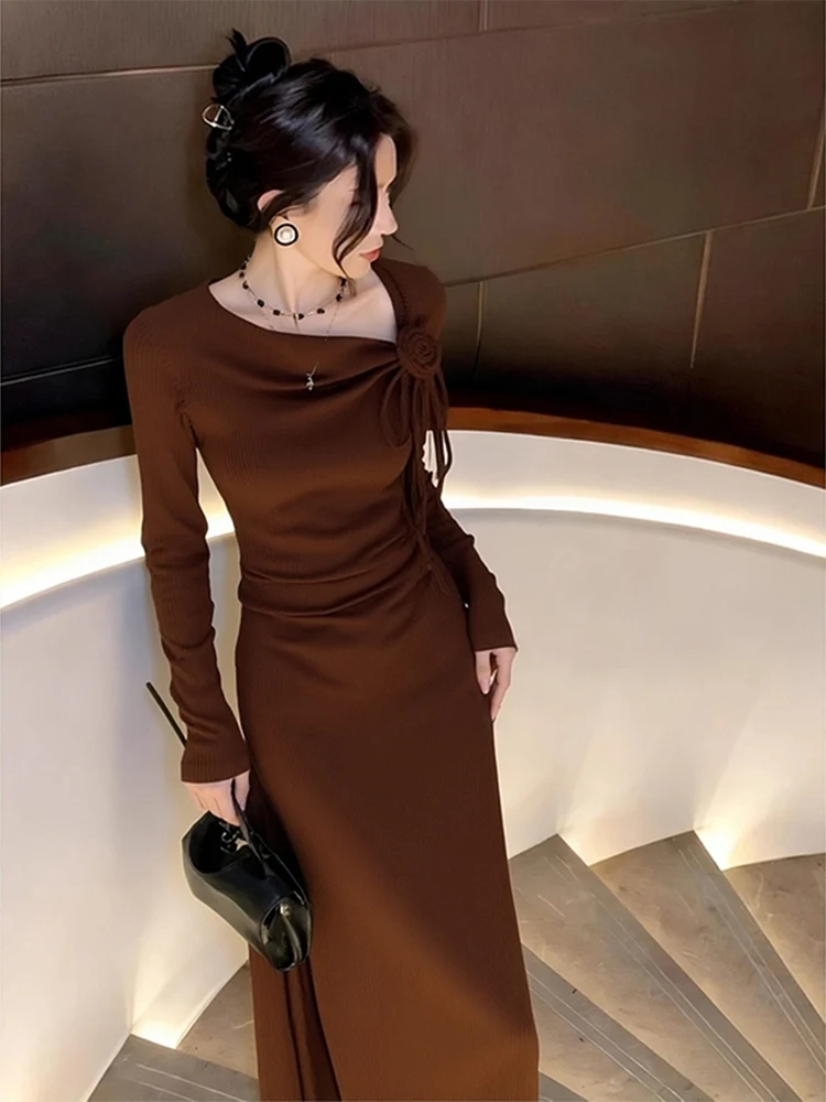 

Pure Desire Sle Slimming Knitted Dr Women's Autumn Winter Inner Wear Midi Dr Ele Rich Girl Faion Trendy