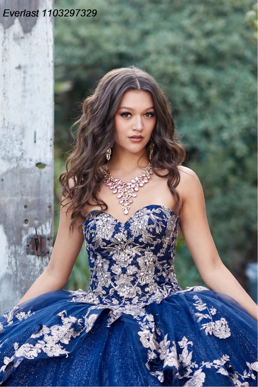 EVLAST Customized Navy Blue Quinceanera Dress Ball Gown Gold Lace Applique Beading Corset Sweet 16 Vestidos De XV 15 Anos TQD637