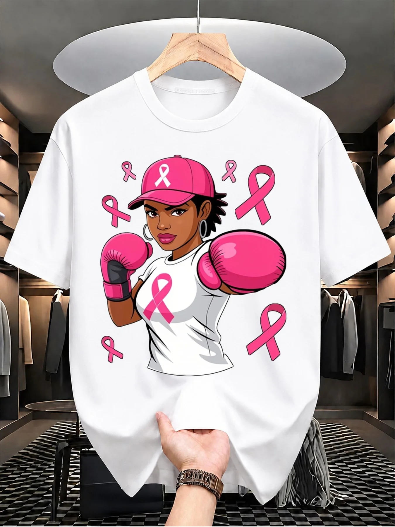 Men'S Breast Cancer Awareness T-Shirt Black with Pink Ribbon Boxer Graphic Ultra-Soft Moisture-Wicking Fabric Crew Neck Short Sleeve