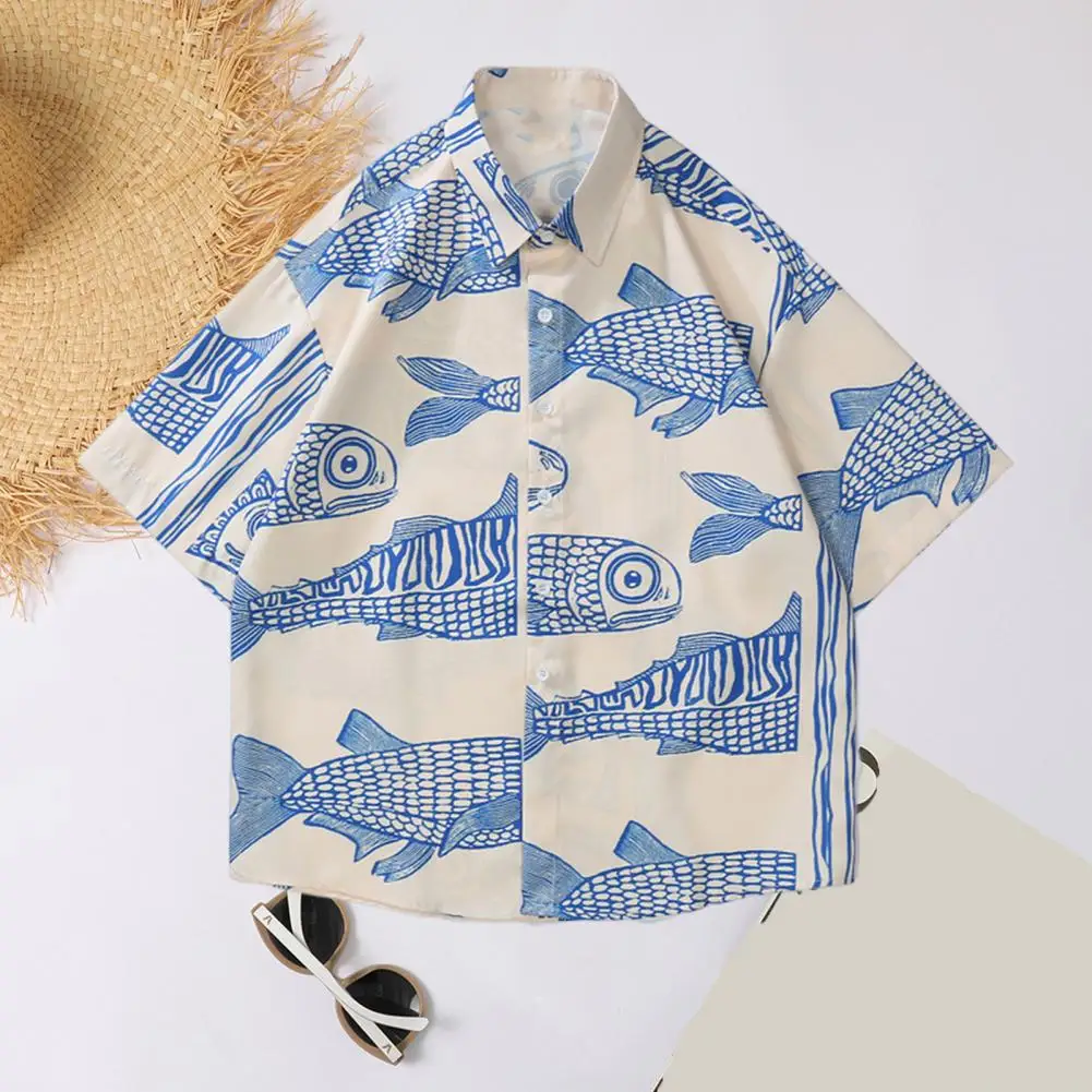 Men Beach Shirt 3D Fish Print Short Sleeves Summer Shirt Turn-down Collar Single-breasted Men Top Male Clothes For Daily Wear