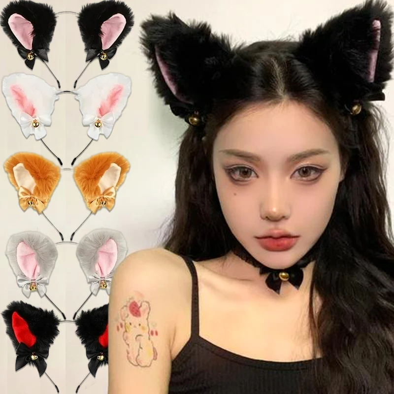 Sexy Cat Ears Headband for Women Girls Fox Lace Bow Choker Plush Bell Hairband Cosplay Masquerade-Party Costume Hair Accessories