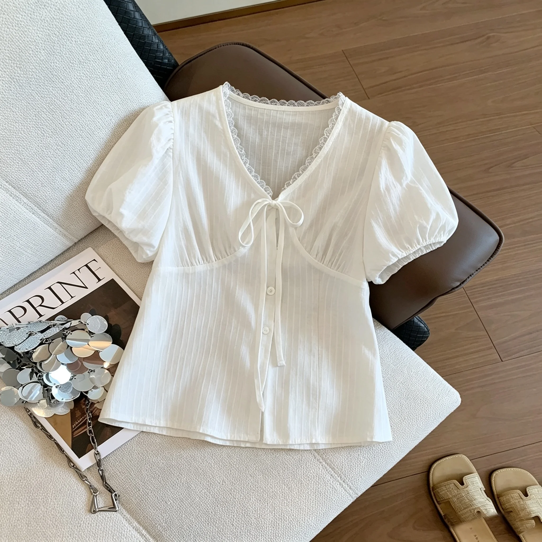 

Korean Style Lace Short Sleeve Shirt Bow Waist Bubble Sleeve Sweet Design Casual Loose Fit Women's Summer Top