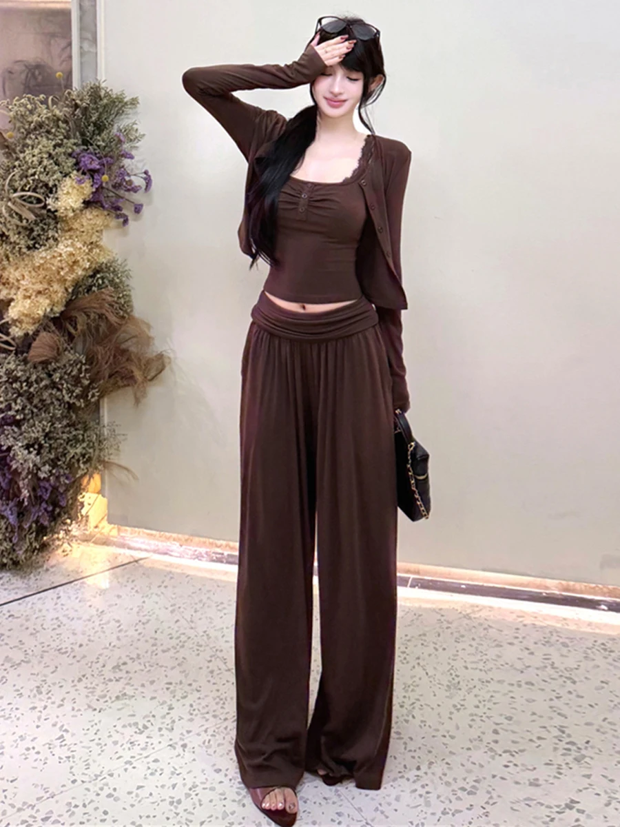 Korean Sweet Sexy Lace Splice Neck Hanging Strap Long Sleeve Open Cardigan Outerwear High Waist Long Pants Casual Set