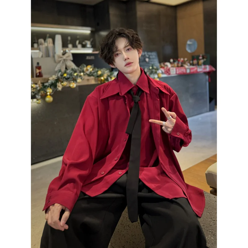 

Мужская повседневная рубашка в корейском стиле с эффектом омоложения, красная, с винным отливом, длинный рукав, для работы и отдыха