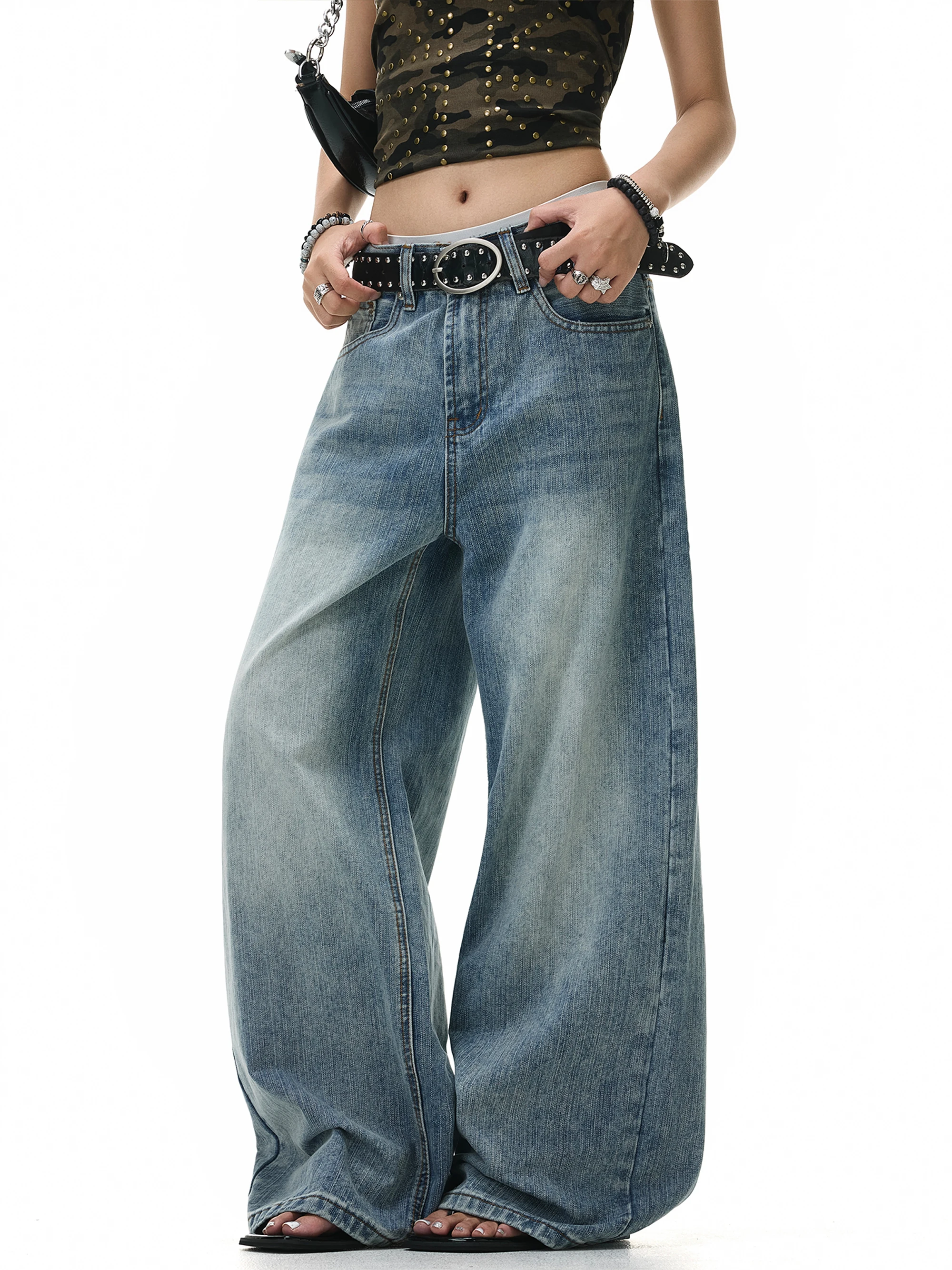 Jeans Retrô Americano Lavado de Perna Reta para Homens e Mulheres, Calça Longa Casual Solta de Perna Larga Simples e Versátil...