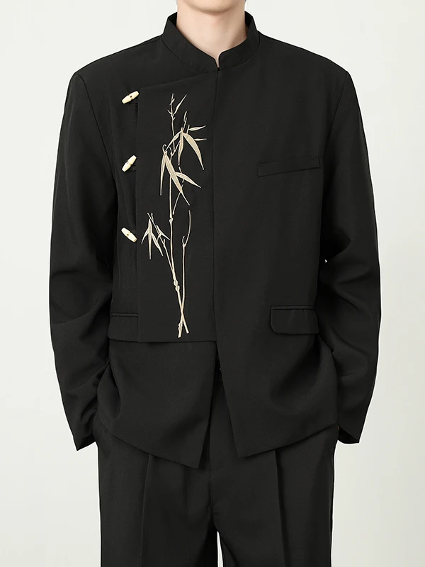 

New Chinese Sle Men's Wedding Suit Cusizable Asymmetrical Embroidered Golden Bamboo Stand Collar Zhongan Suit Western ...