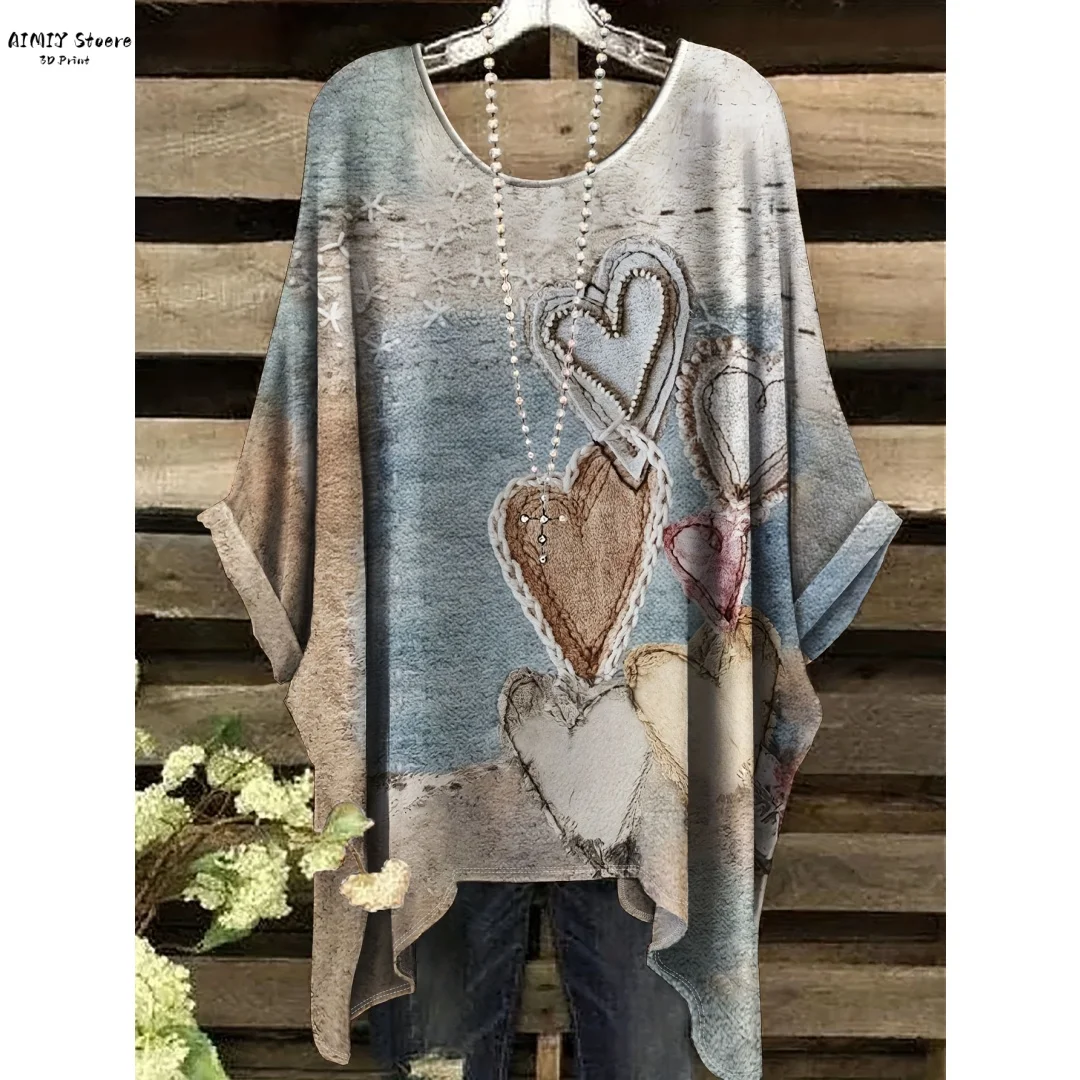 

Vintage Heart T-Shirt Bohemian Chic Print Round Neck T-ShirtIrregular Hem Short Sleeve Graphic T Shirts Korean Popular Clothes