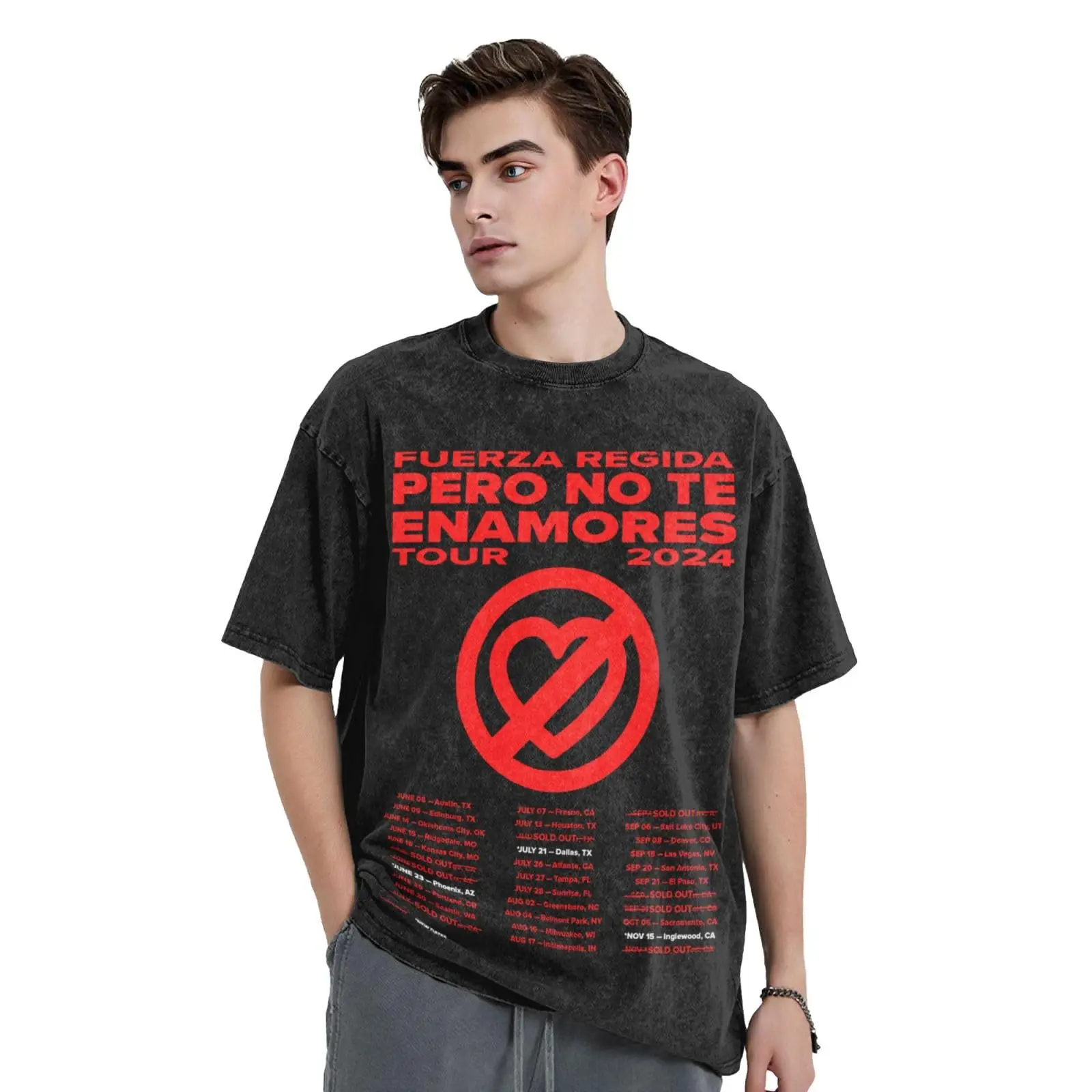 

Men's Washed Tee100% Cotton Fuerza-Regida Pero No Ted Enamore Tour Pattern Print High Quality Streetwear Hip Hop Men's Clothing