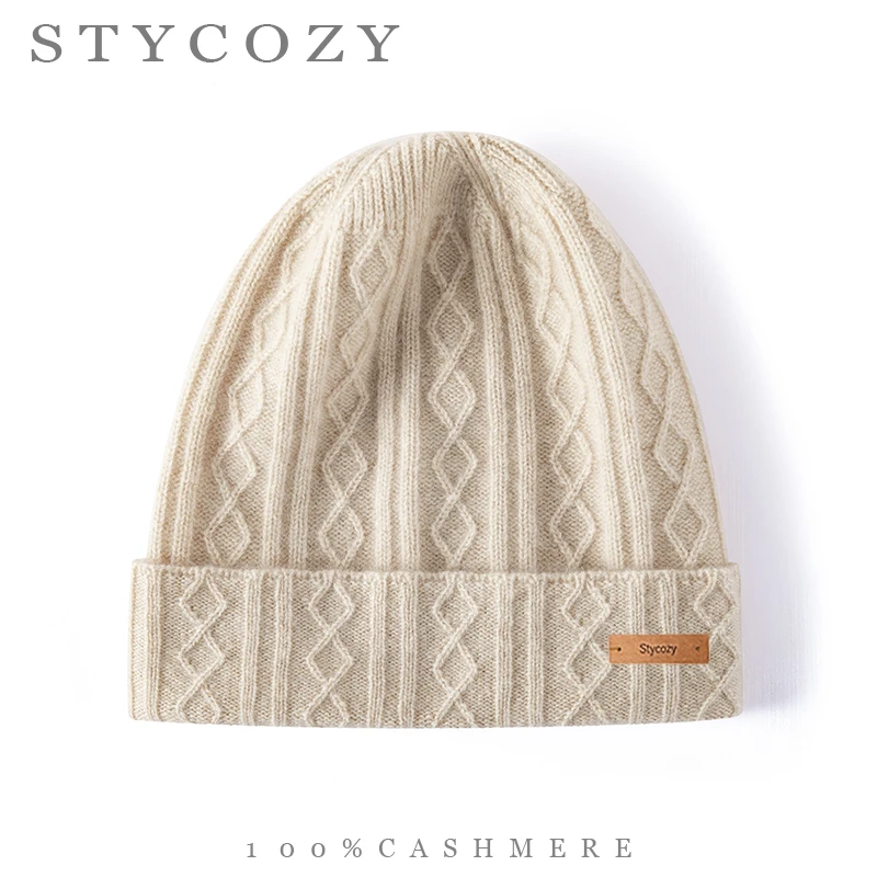 100%Cashmere Women Winter Twisted Cable Knit Beanie Diamond Pattern Folded Brim Hat Soft Warm Skull Cap Ladies Autumn Outdoor