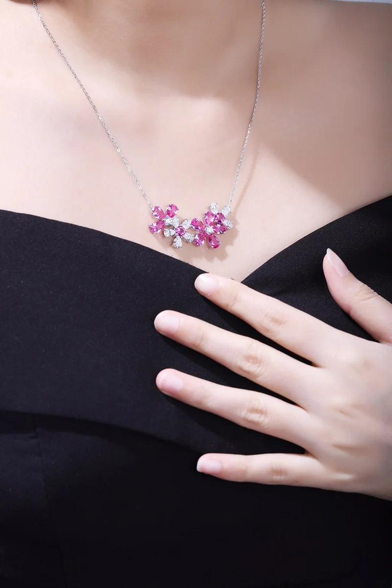 

Ruif 925 Silver Lab Grown Pink Spphire Necklace for Women Luxury Exquisite Jewelry Gift Platinum Plated Chain Necklace