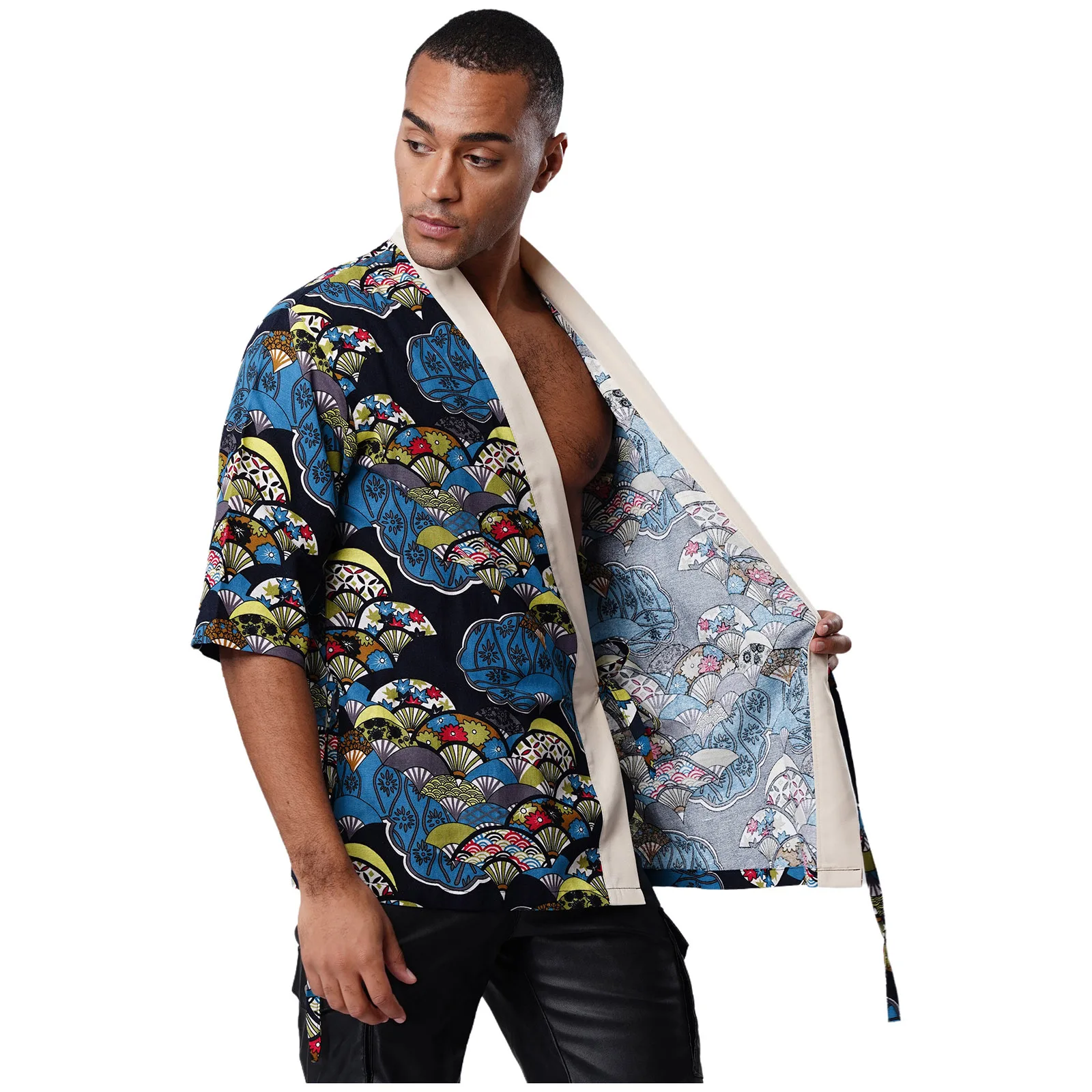 Men Japanese Sushi Chef Coat Traditional Print 3/4 Sleeve Lace-up Cook Kimono Jackets for Izakaya Japanese Cuisine Restaurant