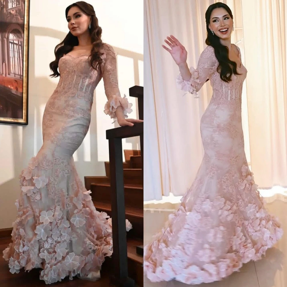 

Customized Elegant Pink Organza Evening Dress Classic Sweetheart Long Sleeves Party Dress Delicate Mermaid Appliques Prom Dress