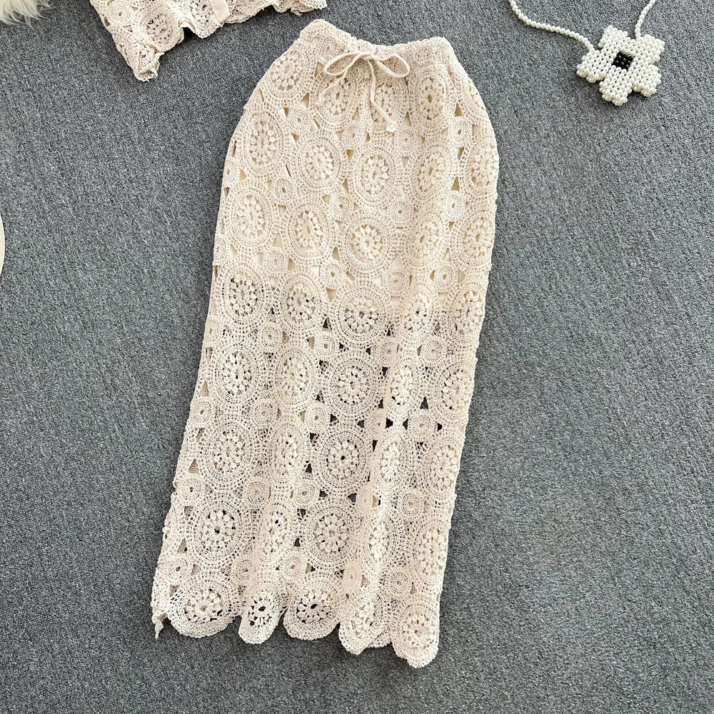 Beach Vaion Faion Set Women Sweet Hook Flower Hollow out Strap Vest Two Piece High Waist Midi Skirt f Body Skirt