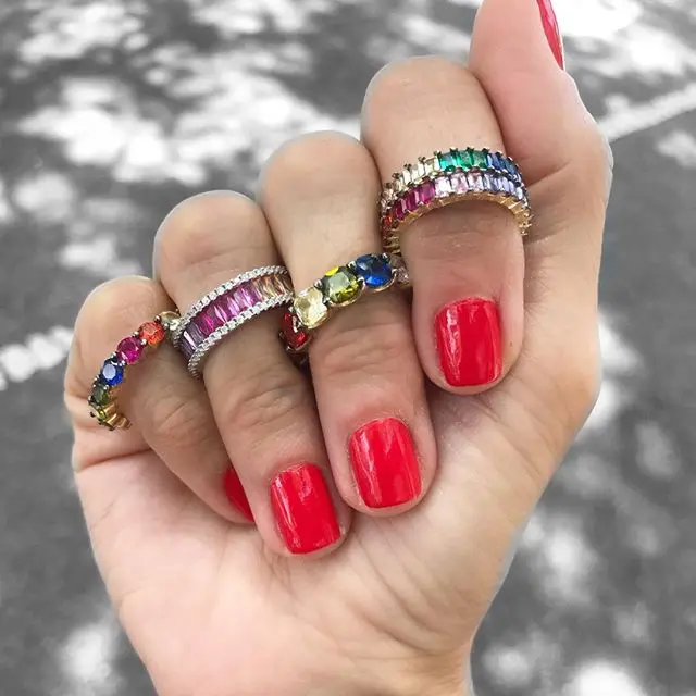 Wholesale Women Band Ring With Silver Color Multi Color Zirconia Wedding Rainbow Cz Ring Paved Colorful Full Cz Stacking Rings