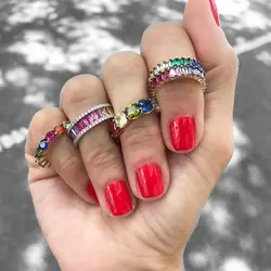 Wholesale Women Band Ring With Silver Color Multi Color Zirconia Wedding Rainbow Cz Ring Paved Colorful Full Cz Stacking Rings
