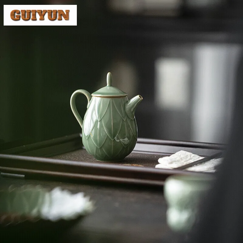 180ml Yue Kiln Plum Blossom Celadon Teapot Handmade Relief Lotus Petal Pot Antique Tea Maker Kettle with Strainer Teaware Gift - Image 6