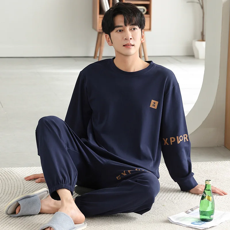 High Quality Pajamas Suit Men Autumn Winter 100% Pure  Cotton Pullover Sleepwear Male Spring Plus Size Loungewear Set Gentlemen