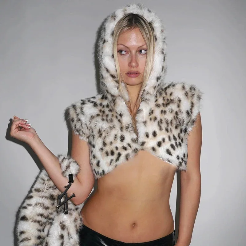

KIDCRKJ Sexy Leopard Print Hooded Short Furry Faux Fur Coat Woman Halloween Cosplay Faux Fur Vest 2026 Stylish Lady Fur Top Y2K
