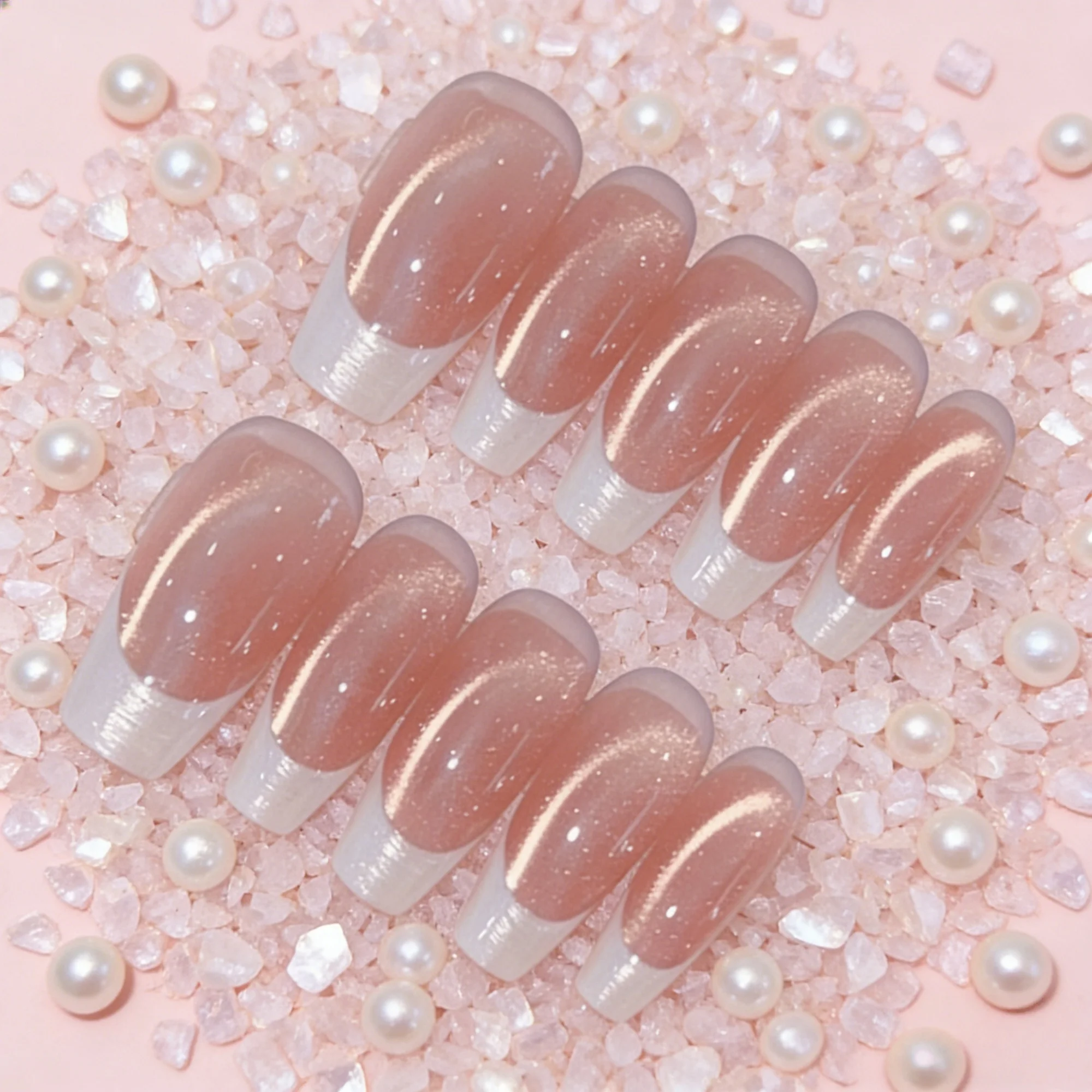 10pcs French White Handmade Nails Nude Cat-Eye Glitter Press on Nail Middle Ladder Fake Nail for Women&Girl False Nail Art