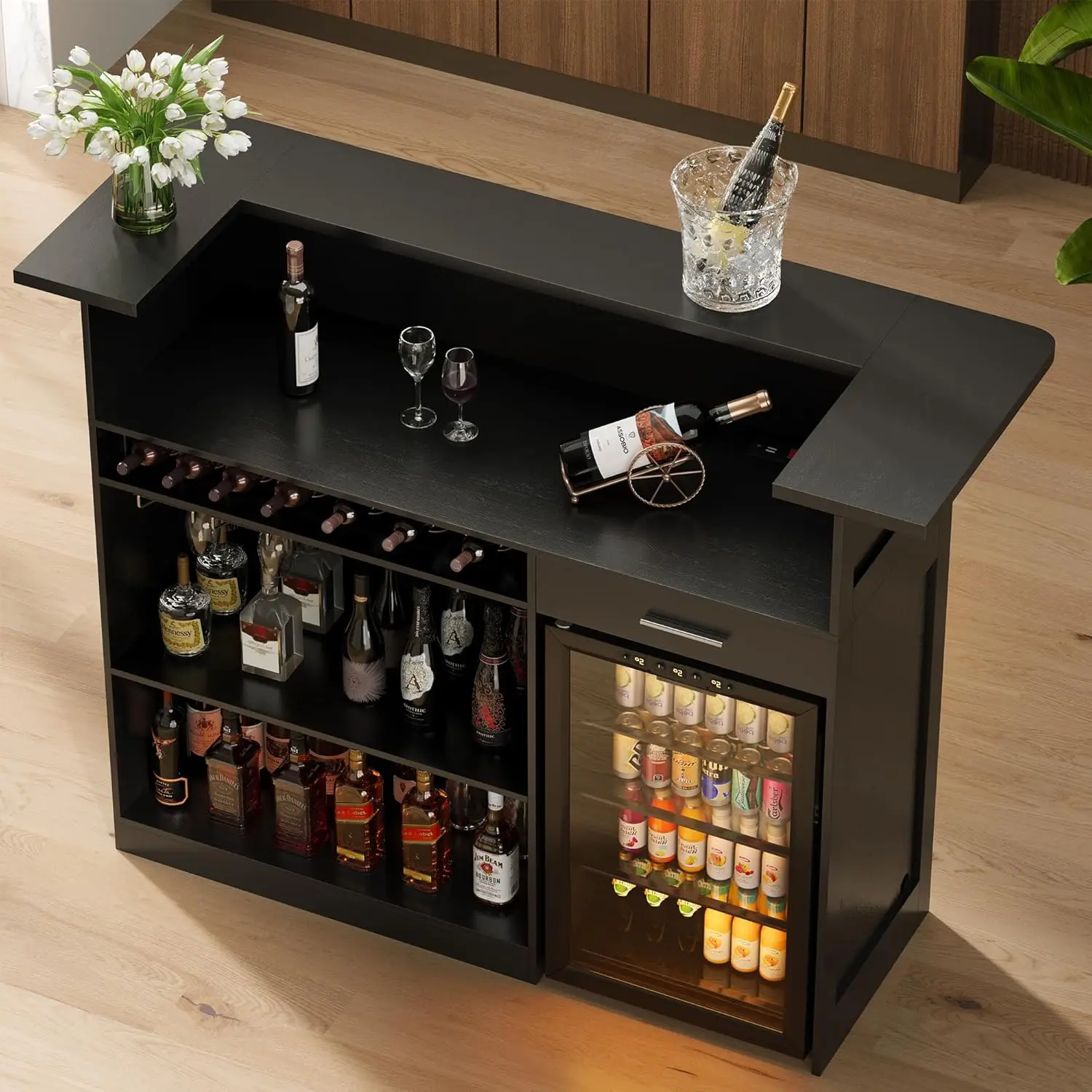Home Bar Unit Mini Fridge Space Liquor Cabinet Storage Shelves Drawer Wine Glass Holder Basement Living Room, Customized