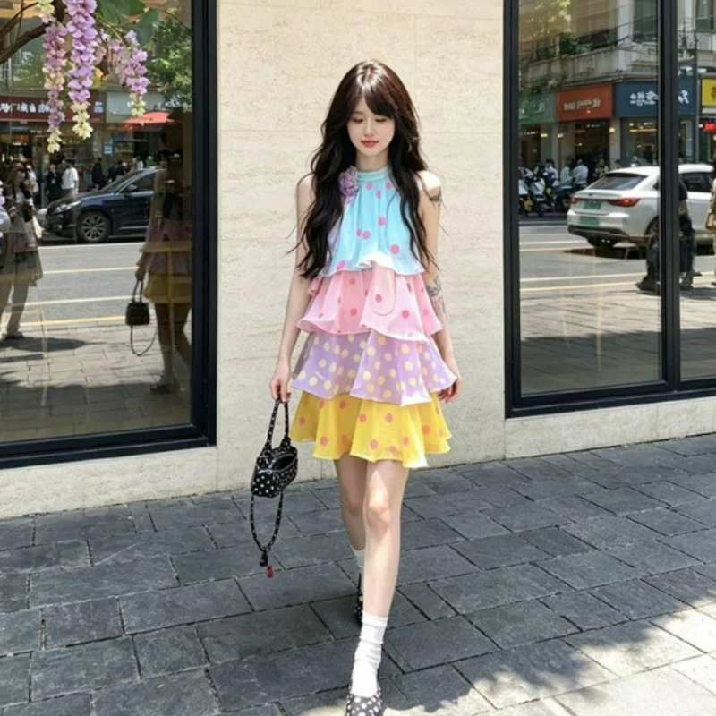 Picture 4: Beach Vacation Style Sleeveless Hanging Neck Cake Skirt 2026 Summer New Fashionable Dopamine Colored Polka Dot Dress for Women