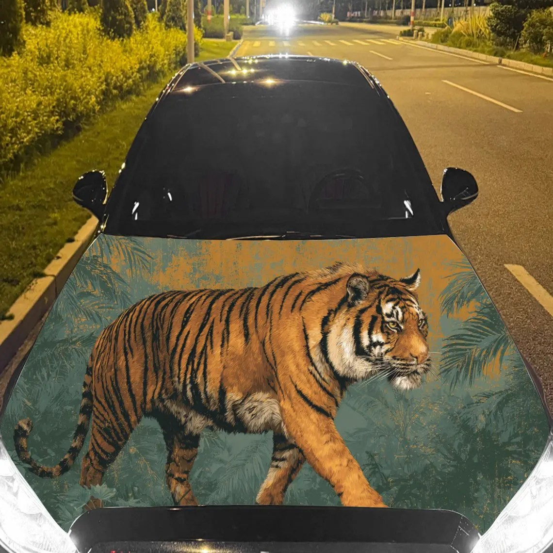 Car Decal Tiger with Grassy Terrain Textured Motif in Artistic Wildlife-Commanding Style - Bold Terrestrial Dominant Fantasy Aes