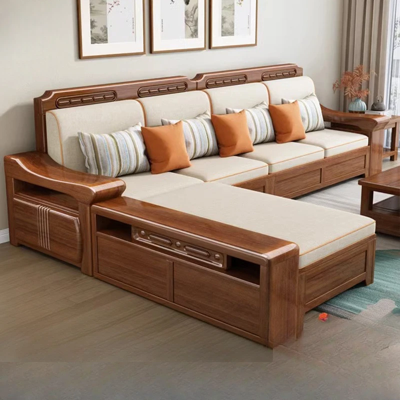 

Solid wood sofa living room modern Chinese sofa with corner chaise longue wood small apartment furniture sofa living room