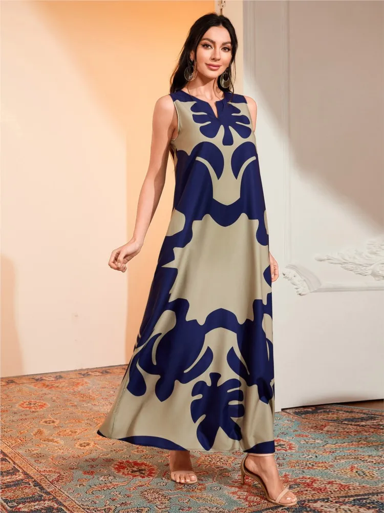 여성용 뉴 빈티지 캐주얼 프린트 드레스 봄 여름 우아한 브이넥 민소매 파티 맥시 드레스 여성 보헤미안 루즈 드레스