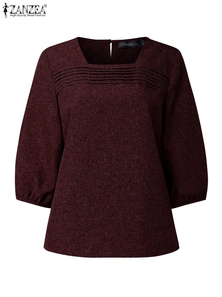 เสื้อเชิ้ตคอเหลี่ยม ZANZEA รุ่น Autumn ปี 2025 เสื้อผู้หญิงลำลองทรงหลวม แขนทรงโคมไฟ 3/4 แฟชั่นวินเทจ สีพื้น