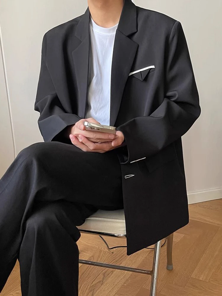 

Pure Bla Cleanfit oulder Pad Men's Suit Jaet Haome Briti Sle Casual American Leisure Long Sve Regular Fit