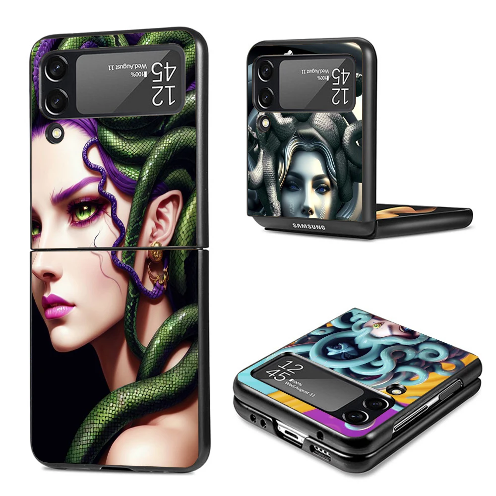 Medusa Greek Mythology Hard Black Cover for Samsung Galaxy Z Flip 4 3 5 5G Phone Case Flip4 Flip3 Flip5 Pattern Luxury Shockproo