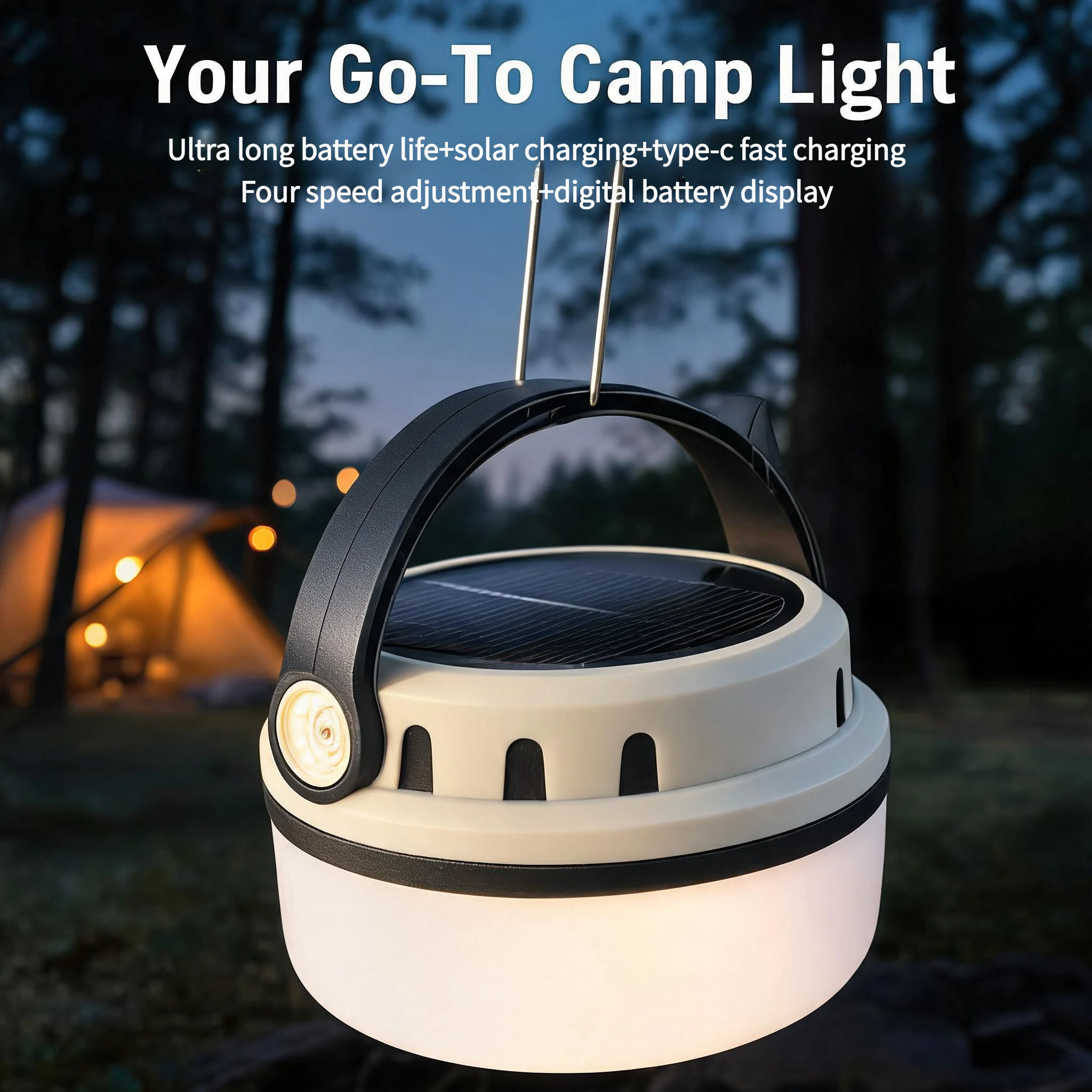 Solar LED outdoor camping lamp portable lamp configuration hook supports TYPE-C charging.