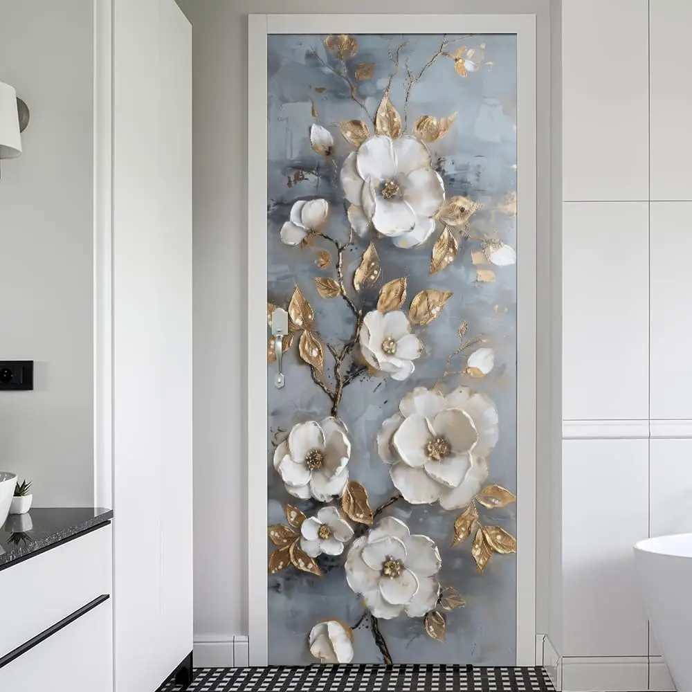 

Grey White Peony Floral Golden Leaf Modern Peel and Stick Door Stickers Vinyl 3D Door Mural Decals Decor Wallpaper Self-Adhesive