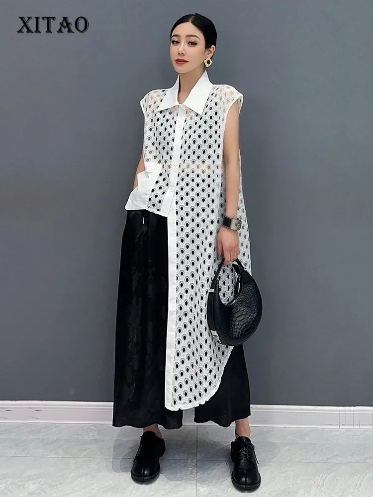 

XITAO Sleeveless Hollow Out Shirt Asymmetrical Personality Women Solid Color Top 2025 Summer New Street Trendy Shirt WLD20213