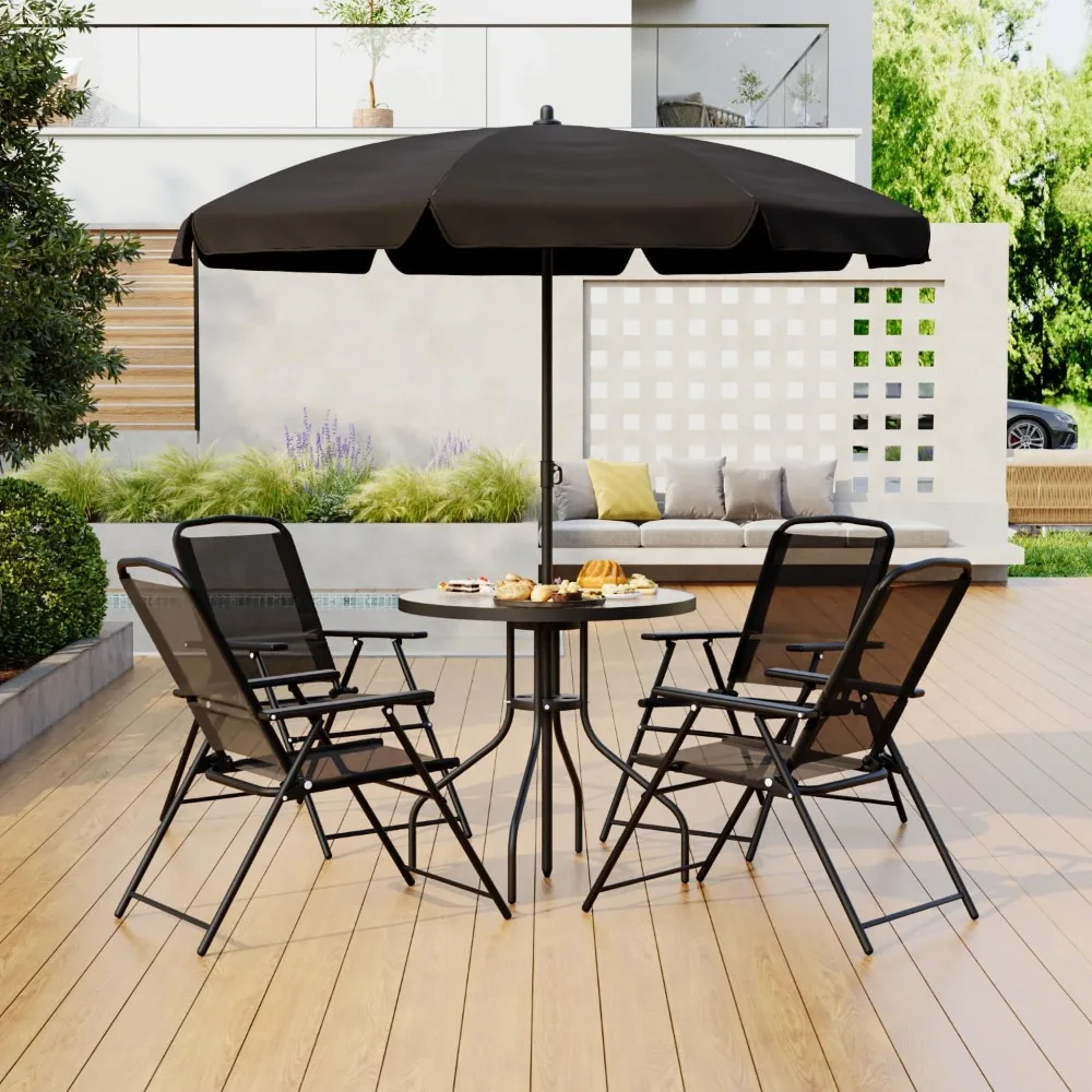 

Patio Dining Set for 4 with Table 4 Folding Chairs and Umbrella Outdoor Garden Backyard Lawn Furniture