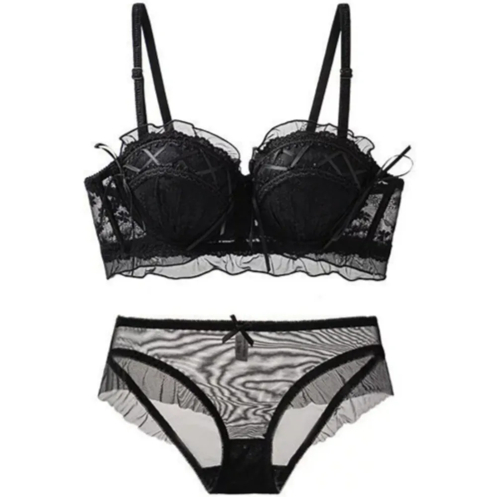 YUQI Romantic French Lace Bra Sweet Knot Strap Design Underwire Bra Small Bust Lift Anti Sag Women Comfort Intimate Underwear