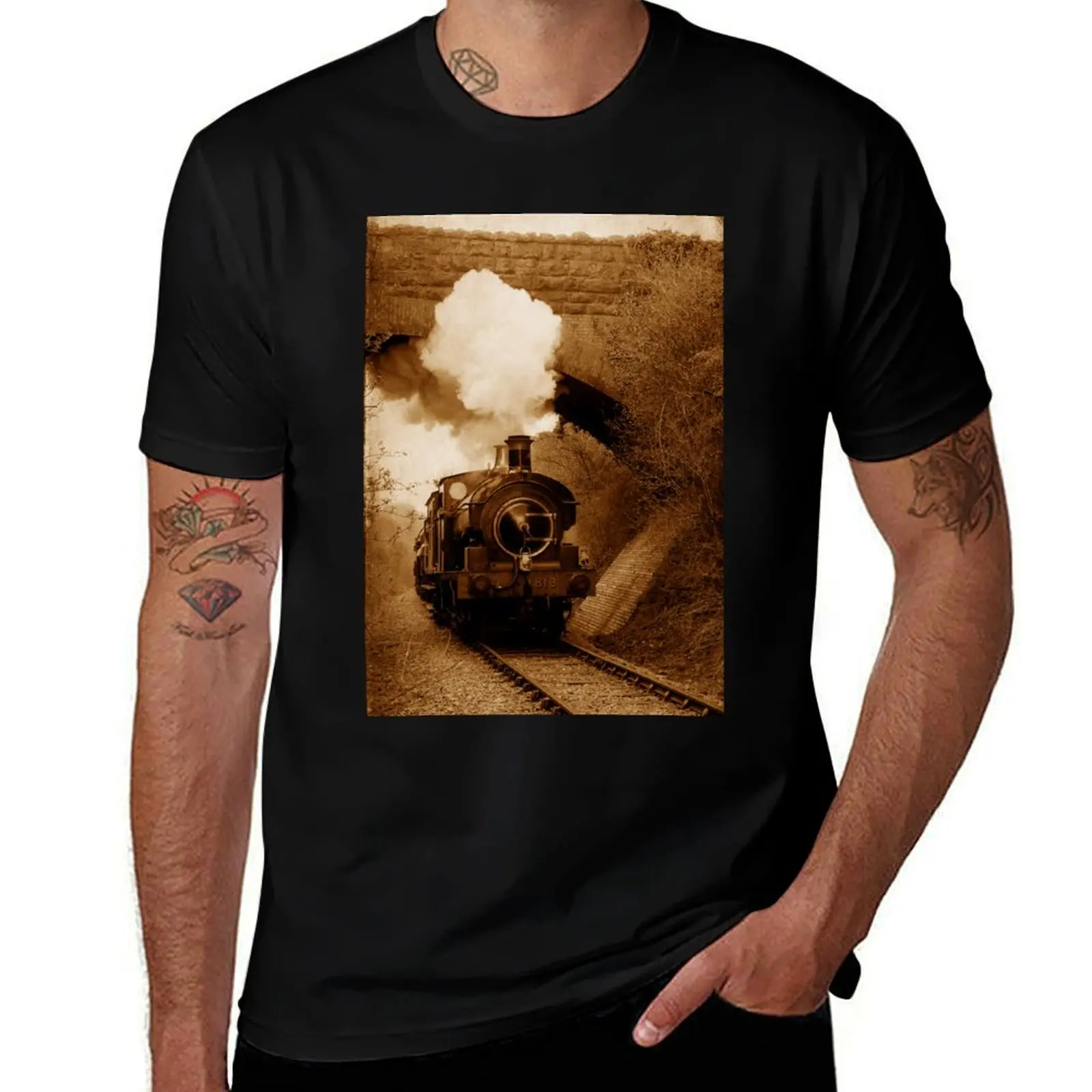 

Steam train going under bridge, Shepton Mallet, Somerset, UK T-Shirt man t shirt cotton T-Shirt