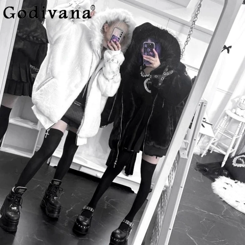 

Subculture Harajuku Sweet Cool Faux Fur Coat Girls Women's Autumn and Winter Japanese Punk Y2k Ears Cute Plush Coat Jackets