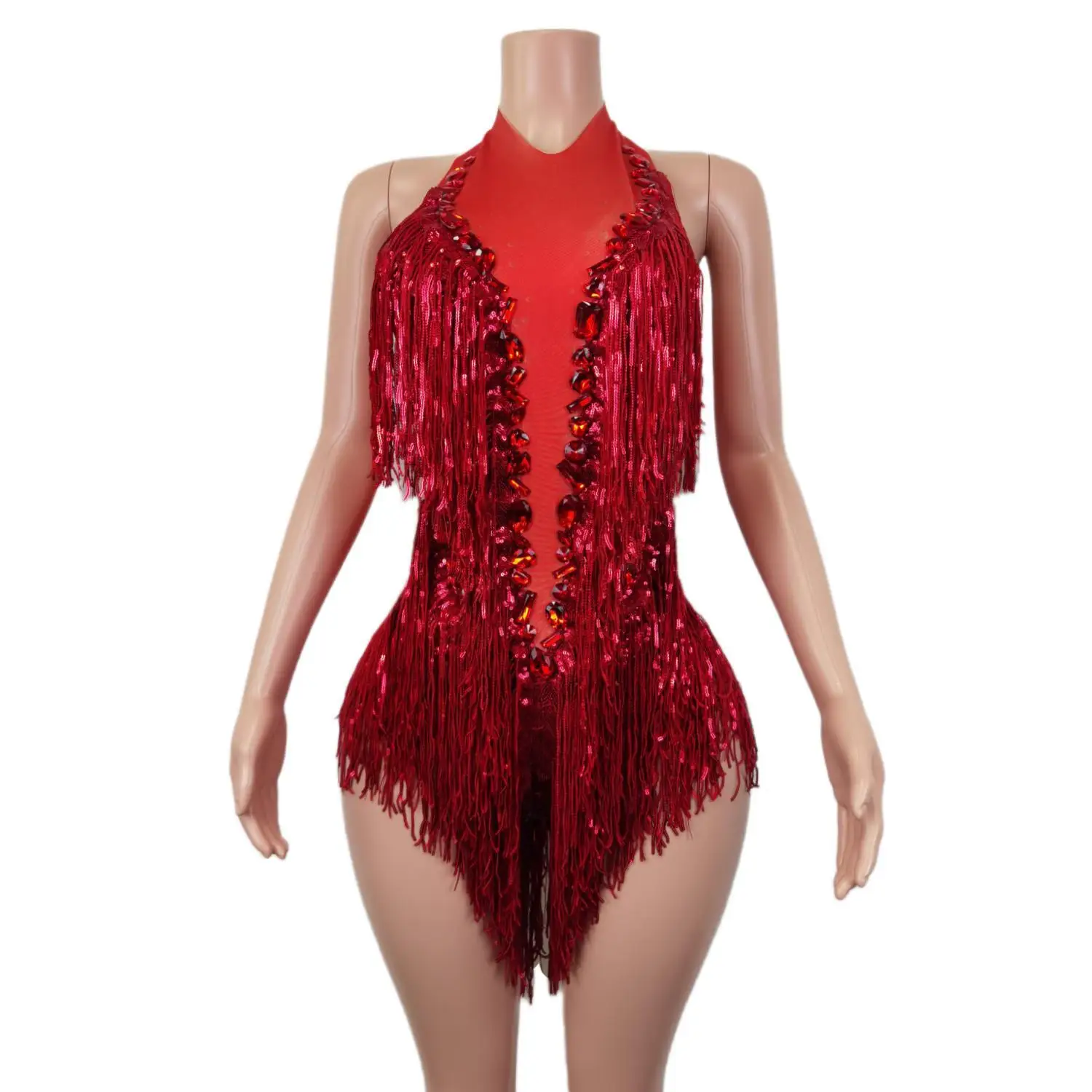 

Sexy Sequins Tassel Pole Dance Leotard Show Costume Women Playsuit Backless One Piece Short Jumpsuit Fashion Rhinestone Bodysuit