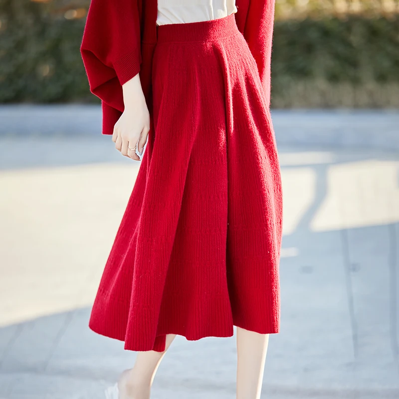 

Осенне-зимняя женская юбка с высокой талией из 100% чистой шерсти, облегающая длинная вязаная шерстяная юбка свободного кроя А-силуэта