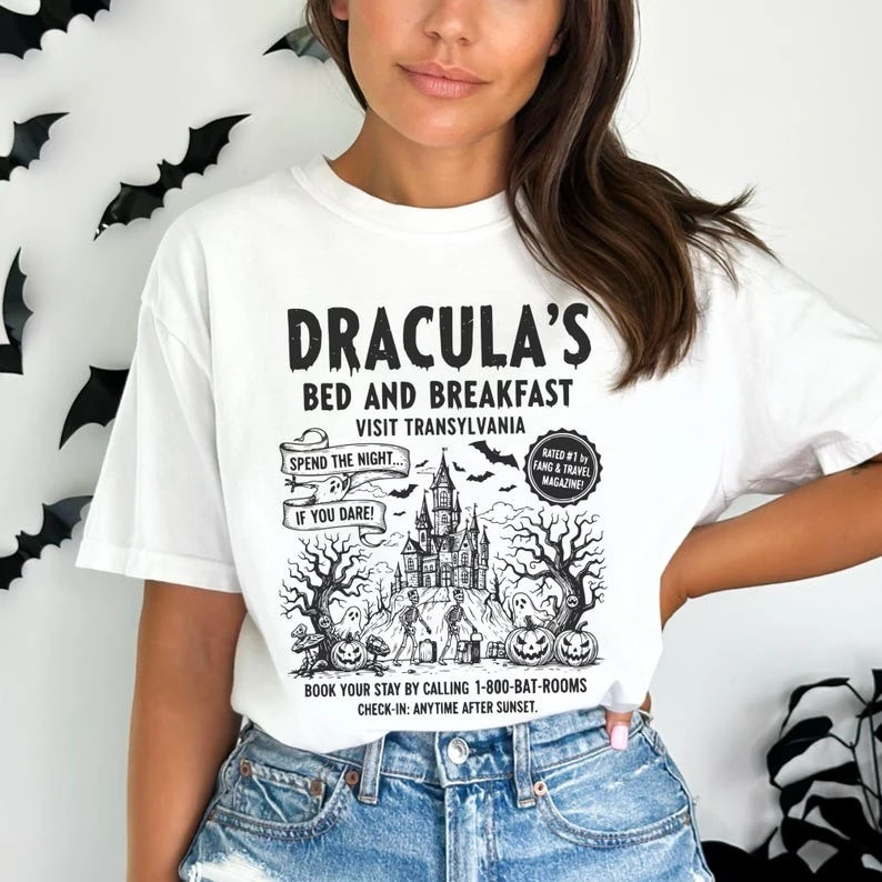 Retro Halloween Shirt Haunted House Horror Night Dracula Tshirt Monster Mash Funny Spooky Tops Casual Tee Fit Soft Cotton Unisex