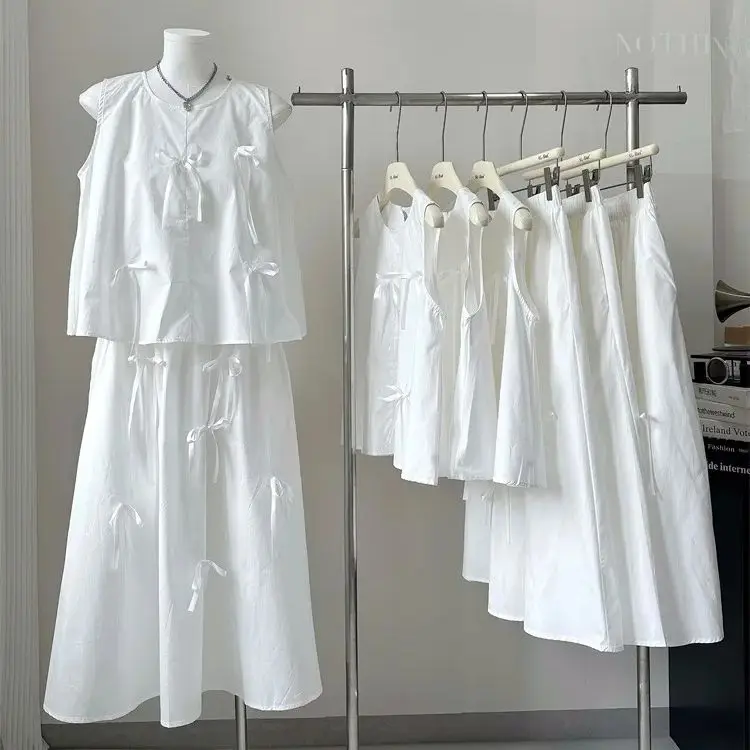 

Summer 2 pcs Women White Bow TIed Sets Girl's Bow Vest/Umbrella Skirt Set Kawaii Long Skirt and Sleeveless Tops