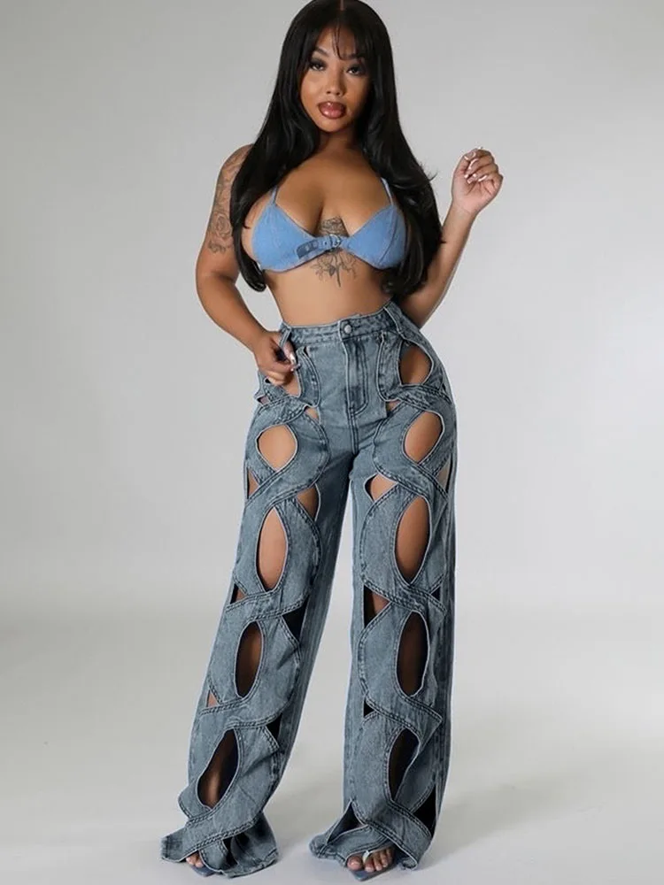 Doyerl Streetwear Hollow Out Y2K Jeans Women Pants Gothic Clothes High Waisted Denim Wide Leg Trousers Pantalones De Mujer