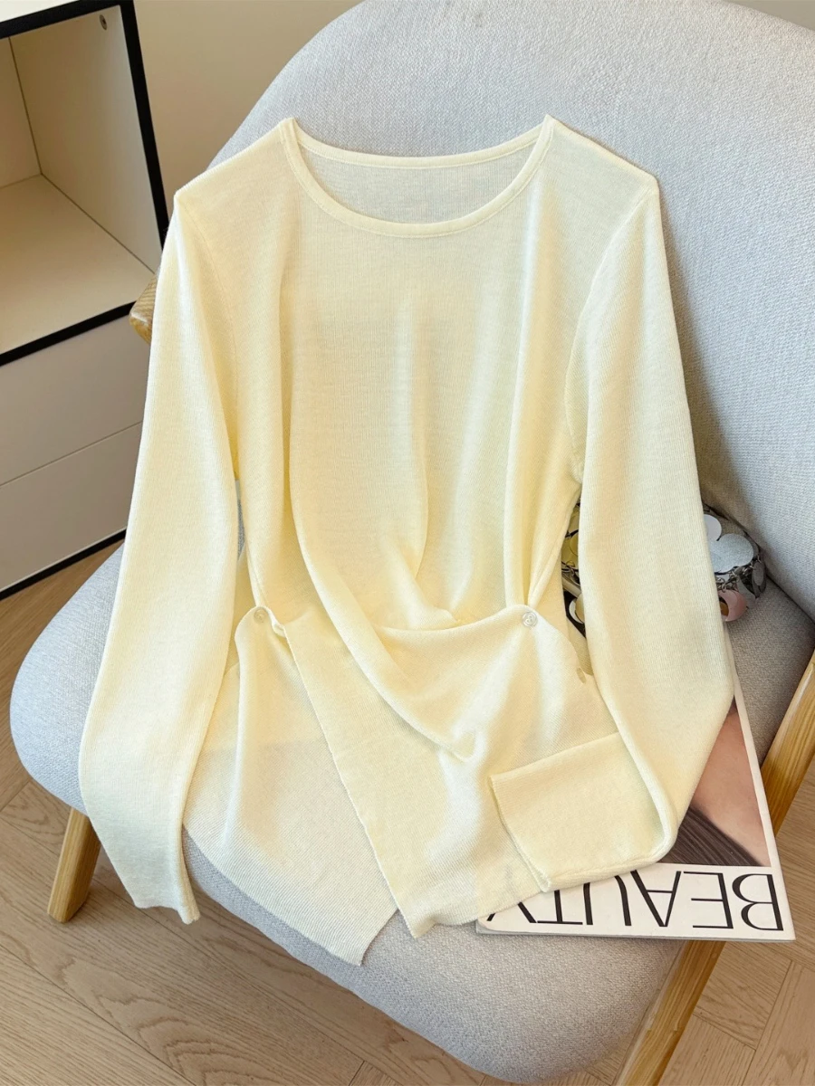 

Blubelle, новинка 2025, осенний женский топ с нерегулярной талией, тонкий вязаный топ в контрастную полоску, уникальный дизайн, с длинным рукавом