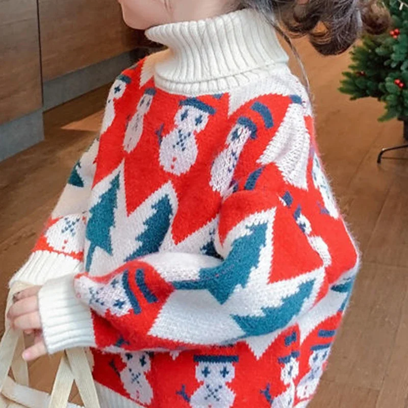 

Girls' Sweater 2023 New Thickened Pullover Baby's Fashionable Winter Wear Warm High Collar Children's Christmas Knit Top
